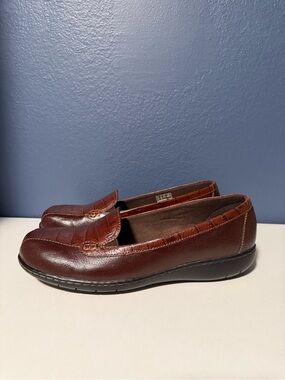 Clarks Bayou Brown Leather Croc Embossed  Comfort Loafers Flat Size 10 Wide